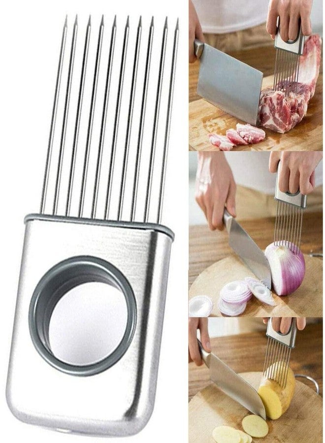 we3 Stainless Steel, Plastic Onion Holder Cutter Slicer Vegetable Tools Tomato Cutter, Silver - Image 5